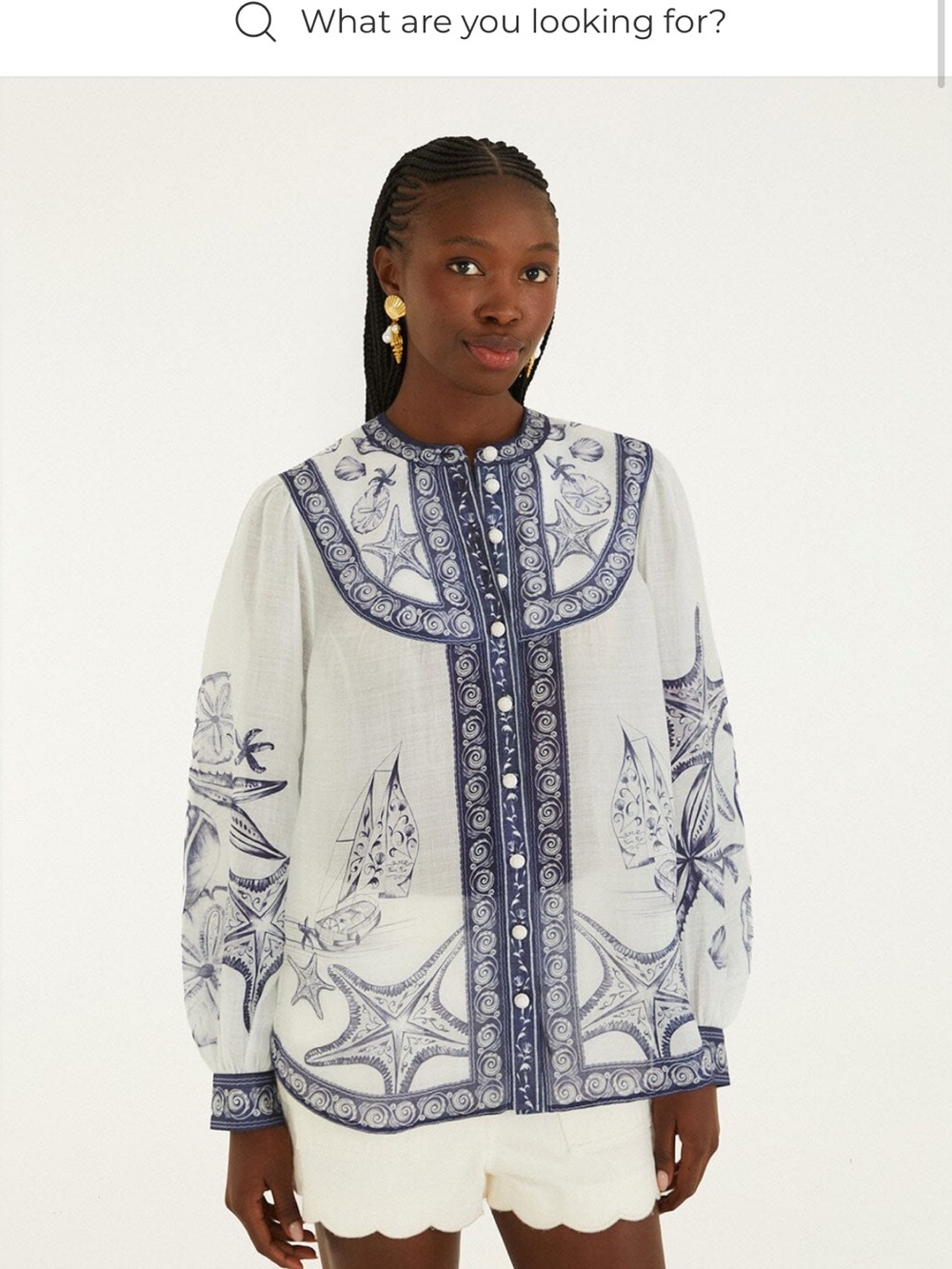 FARM Rio White Blouse with Navy Sea-Print coast scarf long sleeve